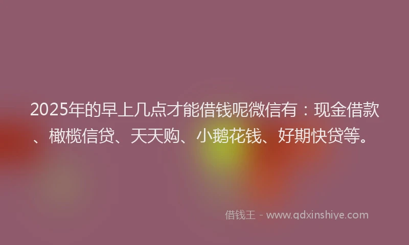 2025年的早上几点才能借钱呢微信有：现金借款、橄榄信贷、天天购、小鹅花钱、好期快贷等。