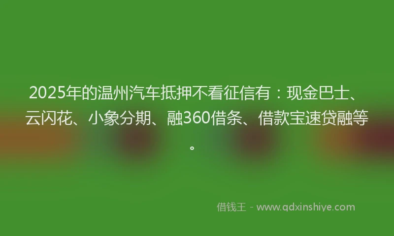2025年的温州汽车抵押不看征信有：现金巴士、云闪花、小象分期、融360借条、借款宝速贷融等。