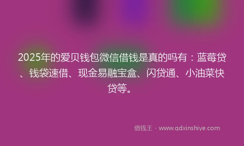 2025年的爱贝钱包微信借钱是真的吗有：蓝莓贷、钱袋速借、现金易融宝盒、闪贷通、小油菜快贷等。