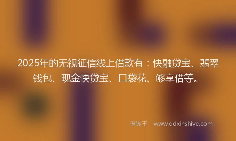 2025年的无视征信线上借款有：快融贷宝、翡翠钱包、现金快贷宝、口袋花、够享借等。