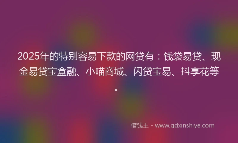 2025年的特别容易下款的网贷有：钱袋易贷、现金易贷宝盒融、小喵商城、闪贷宝易、抖享花等。