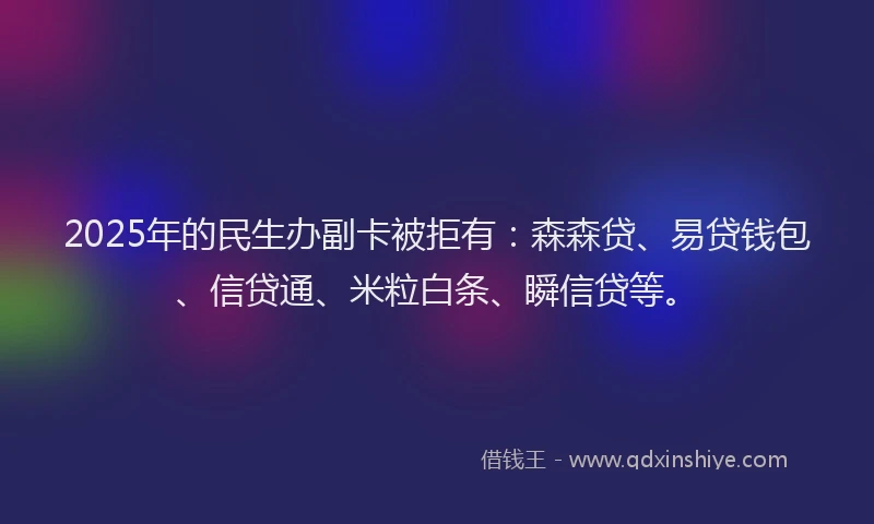 2025年的民生办副卡被拒有：森森贷、易贷钱包、信贷通、米粒白条、瞬信贷等。