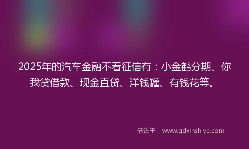 2025年的汽车金融不看征信有：小金鹤分期、你我贷借款、现金直贷、洋钱罐、有钱花等。