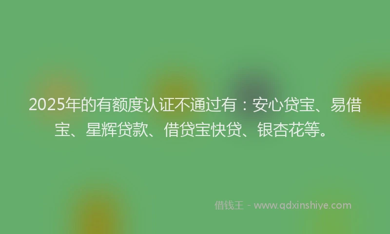2025年的有额度认证不通过有：安心贷宝、易借宝、星辉贷款、借贷宝快贷、银杏花等。