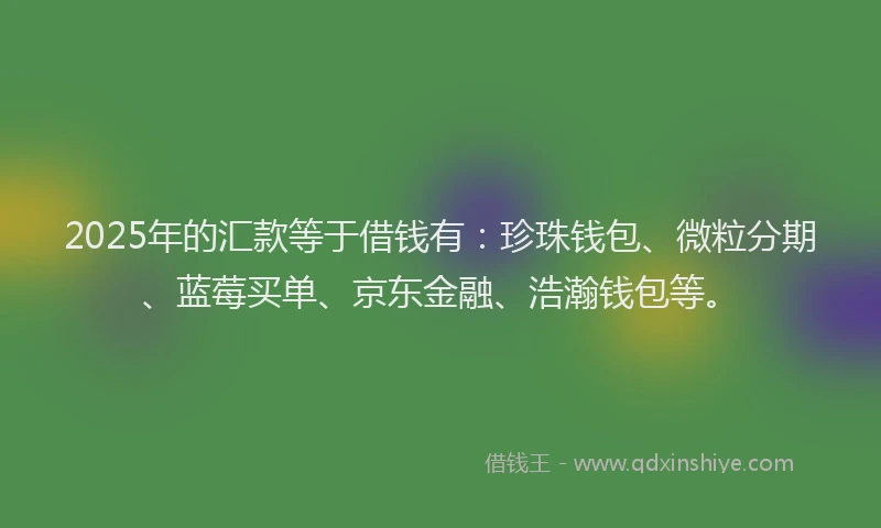 2025年的汇款等于借钱有：珍珠钱包、微粒分期、蓝莓买单、京东金融、浩瀚钱包等。