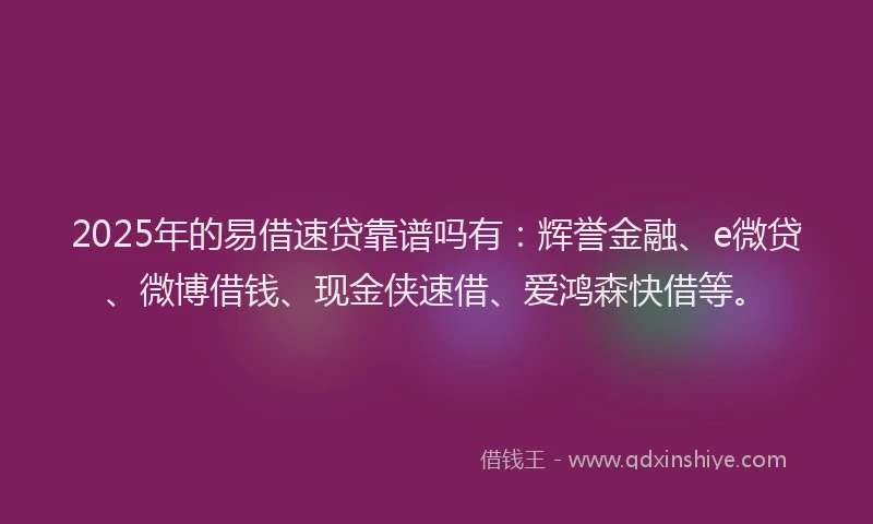 2025年的易借速贷靠谱吗有：辉誉金融、e微贷、微博借钱、现金侠速借、爱鸿森快借等。