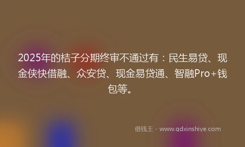 2025年的桔子分期终审不通过有：民生易贷、现金侠快借融、众安贷、现金易贷通、智融Pro+钱包等。
