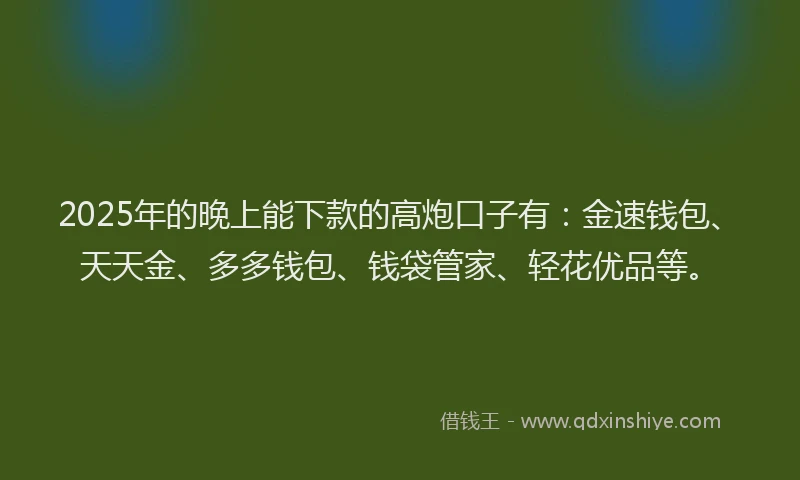 2025年的晚上能下款的高炮口子有：金速钱包、天天金、多多钱包、钱袋管家、轻花优品等。
