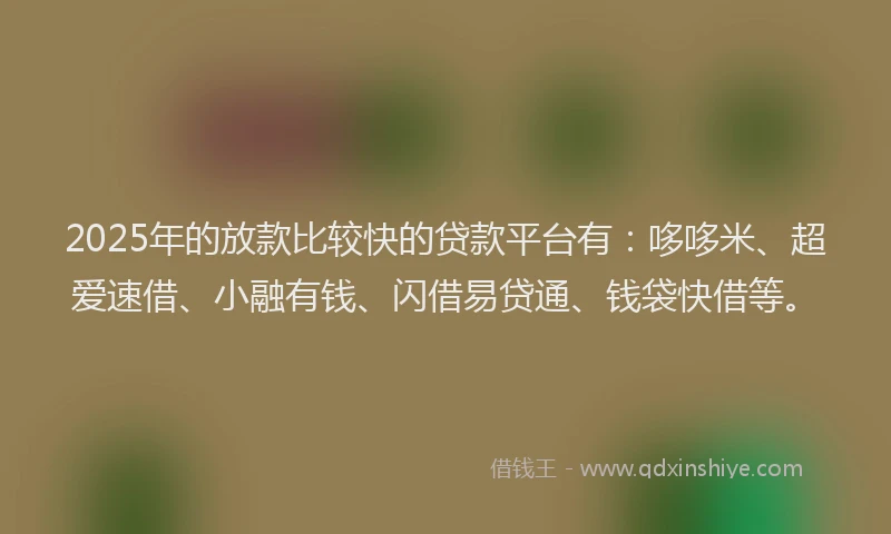 2025年的放款比较快的贷款平台有：哆哆米、超爱速借、小融有钱、闪借易贷通、钱袋快借等。