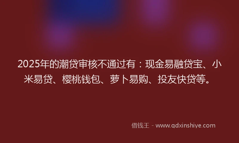2025年的潮贷审核不通过有：现金易融贷宝、小米易贷、樱桃钱包、萝卜易购、投友快贷等。