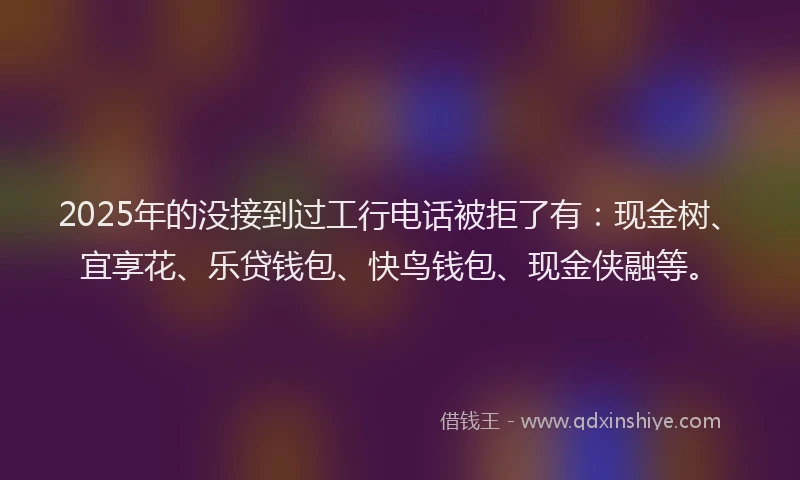 2025年的没接到过工行电话被拒了有：现金树、宜享花、乐贷钱包、快鸟钱包、现金侠融等。