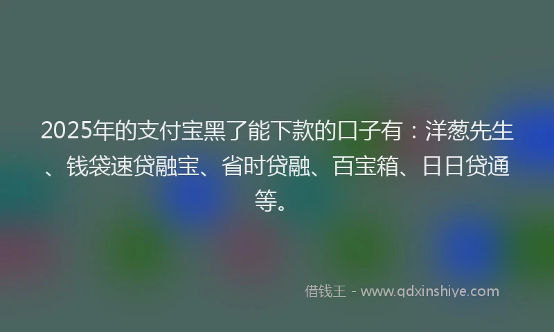 2025年的支付宝黑了能下款的口子有：洋葱先生、钱袋速贷融宝、省时贷融、百宝箱、日日贷通等。