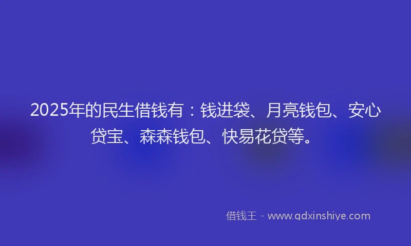 2025年的民生借钱有：钱进袋、月亮钱包、安心贷宝、森森钱包、快易花贷等。