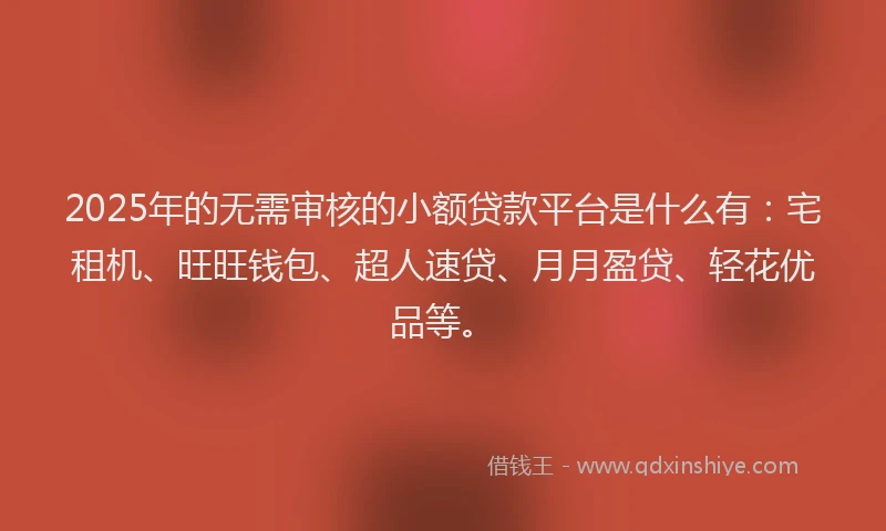2025年的无需审核的小额贷款平台是什么有:宅租机、旺旺钱包、超人速贷、月月盈贷、轻花优品等。