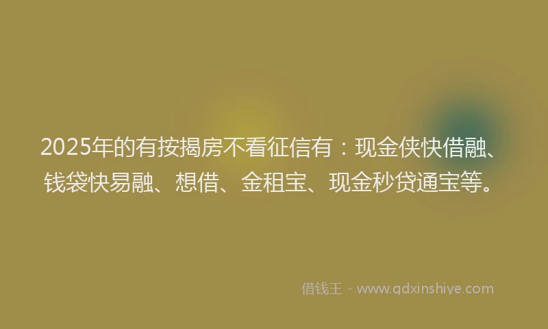 2025年的有按揭房不看征信有：现金侠快借融、钱袋快易融、想借、金租宝、现金秒贷通宝等。