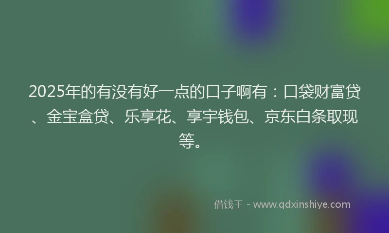 2025年的有没有好一点的口子啊有：口袋财富贷、金宝盒贷、乐享花、享宇钱包、京东白条取现等。