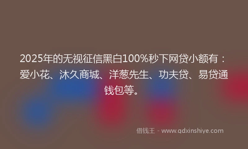 2025年的无视征信黑白100%秒下网贷小额有：爱小花、沐久商城、洋葱先生、功夫贷、易贷通钱包等。