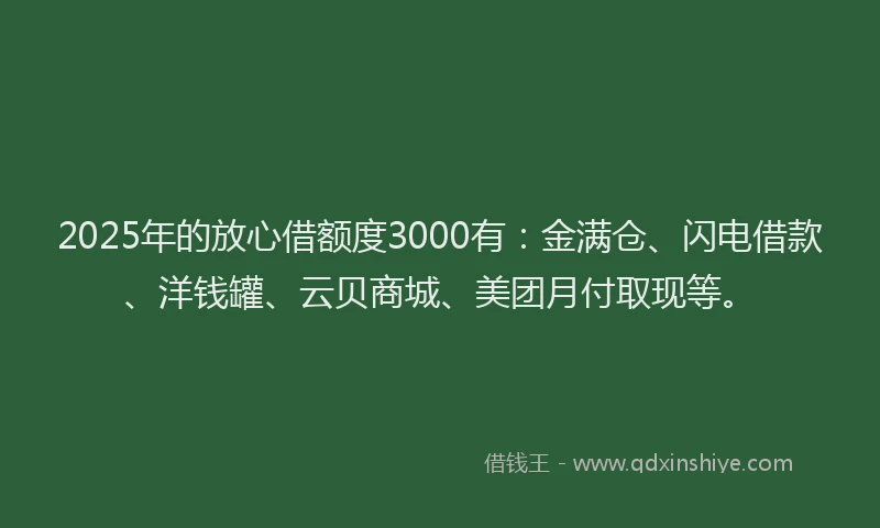 2025年的放心借额度3000有：金满仓、闪电借款、洋钱罐、云贝商城、美团月付取现等。