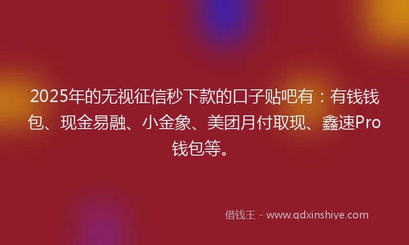 2025年的无视征信秒下款的口子贴吧有：有钱钱包、现金易融、小金象、美团月付取现、鑫速Pro钱包等。