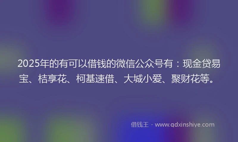 2025年的有可以借钱的微信公众号有：现金贷易宝、桔享花、柯基速借、大城小爱、聚财花等。