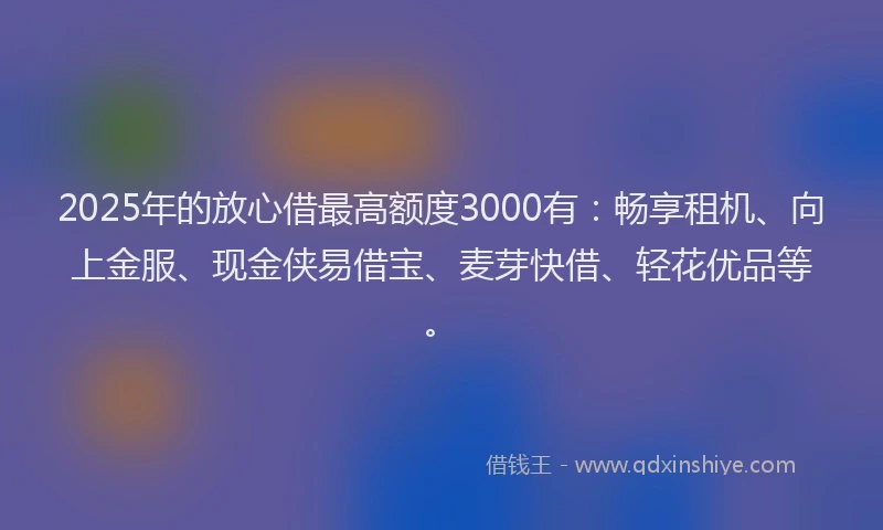 2025年的放心借最高额度3000有：畅享租机、向上金服、现金侠易借宝、麦芽快借、轻花优品等。