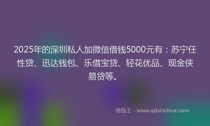 2025年的深圳私人加微信借钱5000元有：苏宁任性贷、迅达钱包、乐借宝贷、轻花优品、现金侠易贷等。