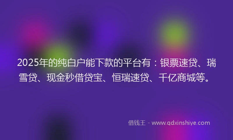 2025年的纯白户能下款的平台有：银票速贷、瑞雪贷、现金秒借贷宝、恒瑞速贷、千亿商城等。