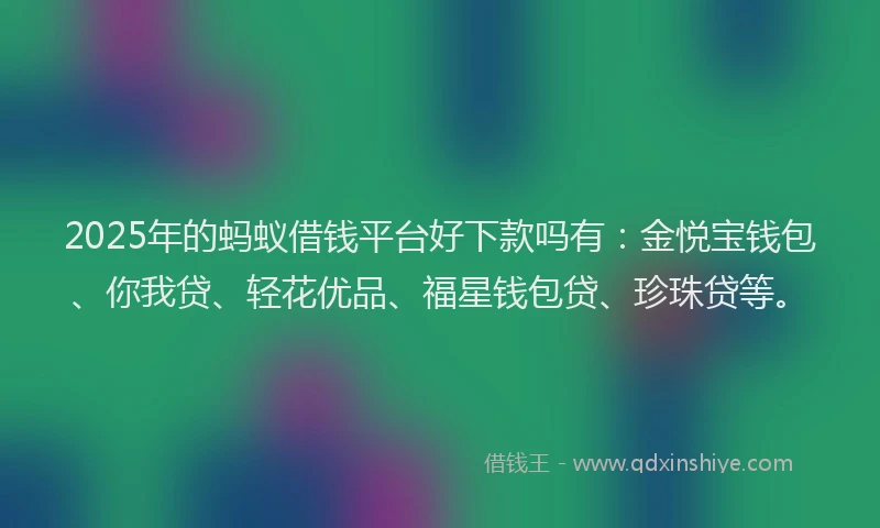 2025年的蚂蚁借钱平台好下款吗有：金悦宝钱包、你我贷、轻花优品、福星钱包贷、珍珠贷等。