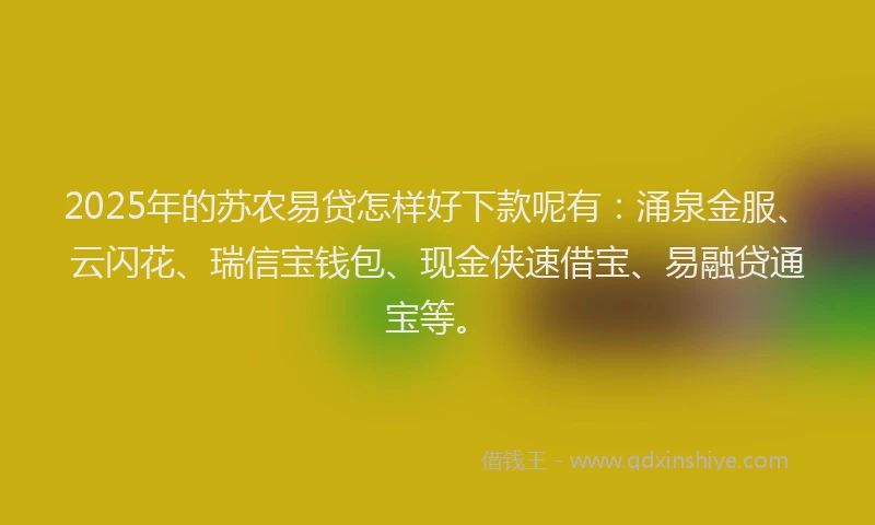2025年的苏农易贷怎样好下款呢有:涌泉金服、云闪花、瑞信宝钱包、现金侠速借宝、易融贷通宝等。