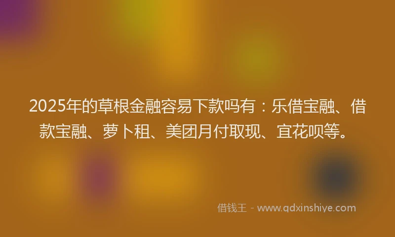 2025年的草根金融容易下款吗有：乐借宝融、借款宝融、萝卜租、美团月付取现、宜花呗等。