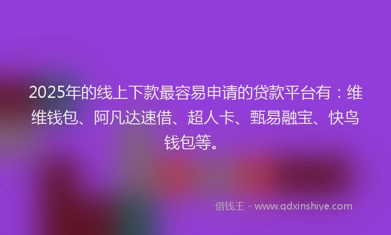 2025年的线上下款最容易申请的贷款平台有：维维钱包、阿凡达速借、超人卡、甄易融宝、快鸟钱包等。