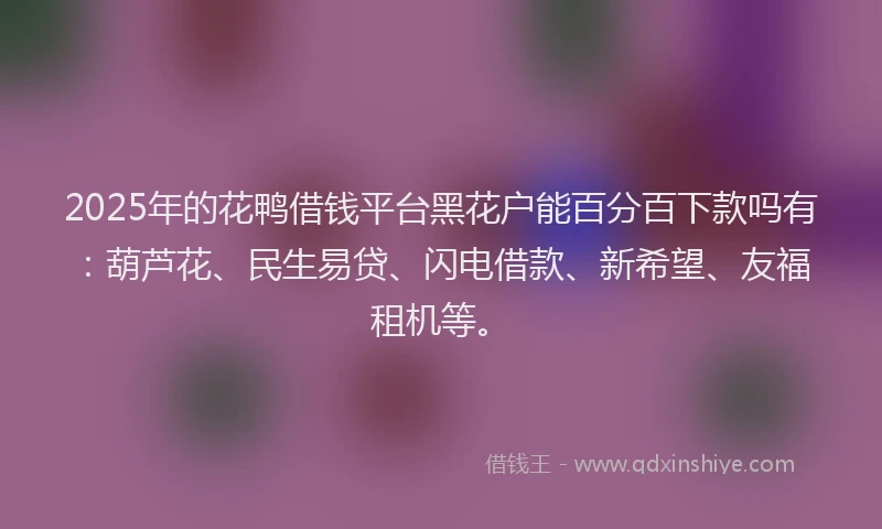 2025年的花鸭借钱平台黑花户能百分百下款吗有：葫芦花、民生易贷、闪电借款、新希望、友福租机等。