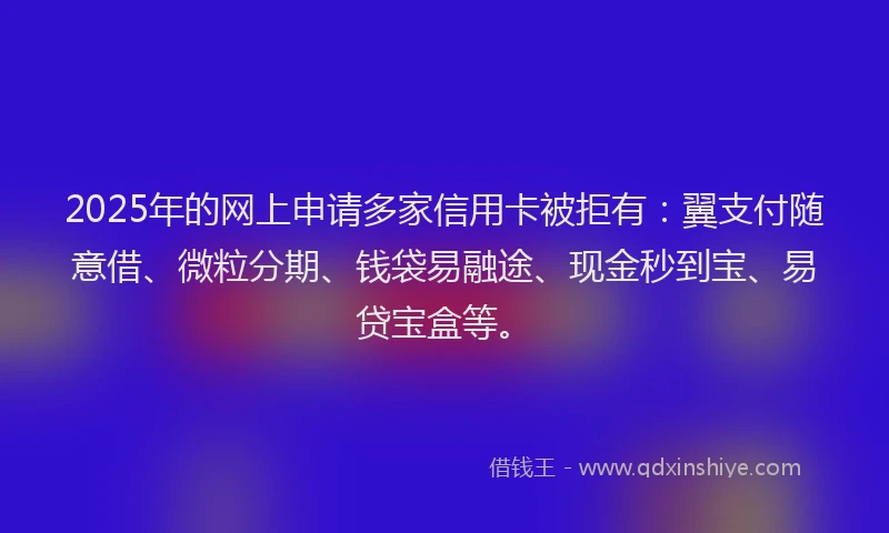 2025年的网上申请多家信用卡被拒有：翼支付随意借、微粒分期、钱袋易融途、现金秒到宝、易贷宝盒等。