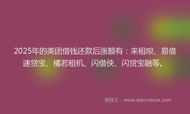 2025年的美团借钱还款后涨额有：来租呗、易借速贷宝、橘若租机、闪借侠、闪贷宝融等。