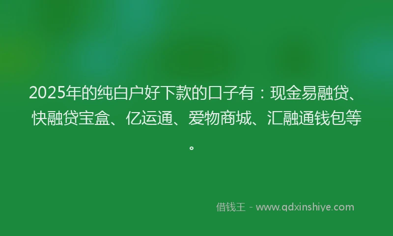 2025年的纯白户好下款的口子有：现金易融贷、快融贷宝盒、亿运通、爱物商城、汇融通钱包等。