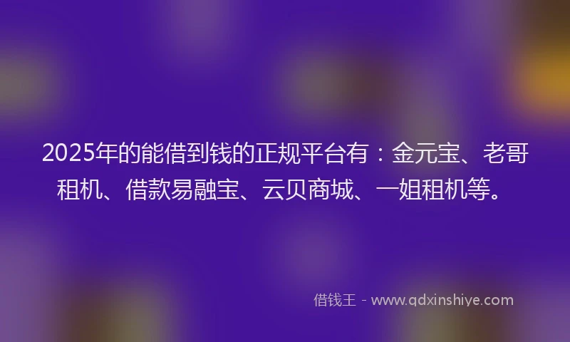 2025年的能借到钱的正规平台有：金元宝、老哥租机、借款易融宝、云贝商城、一姐租机等。