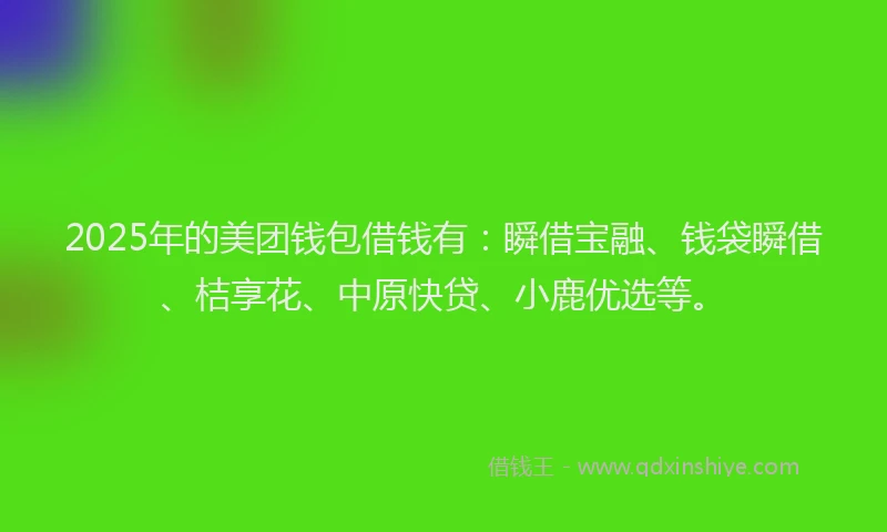 2025年的美团钱包借钱有：瞬借宝融、钱袋瞬借、桔享花、中原快贷、小鹿优选等。