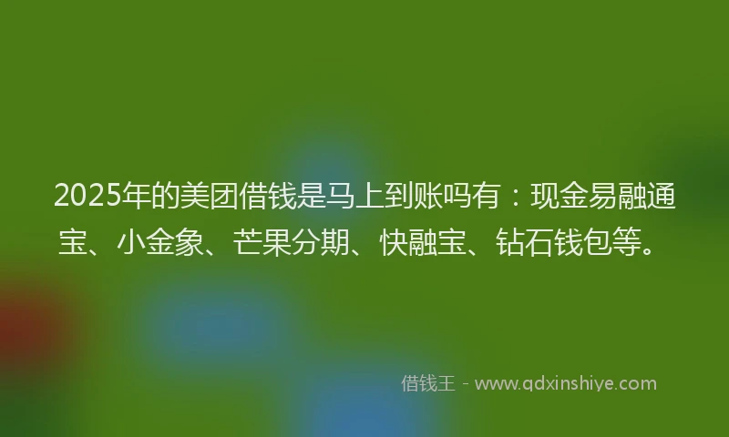 2025年的美团借钱是马上到账吗有：现金易融通宝、小金象、芒果分期、快融宝、钻石钱包等。