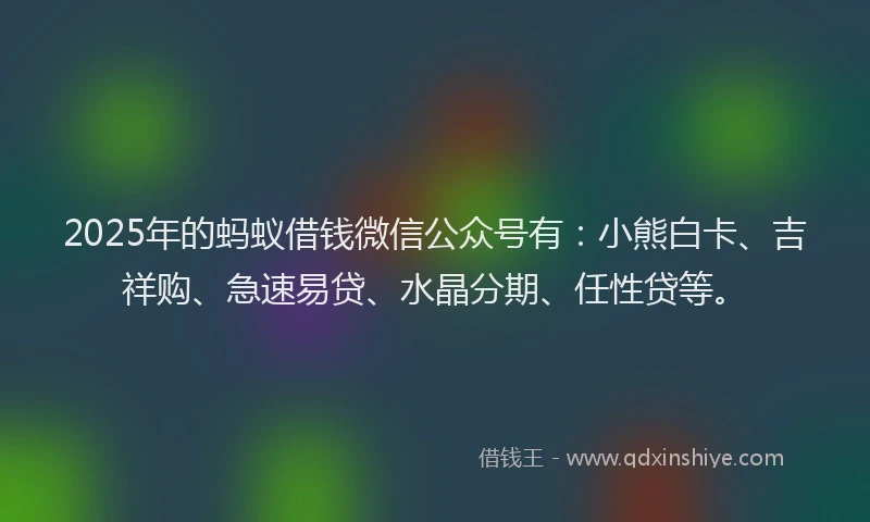 2025年的蚂蚁借钱微信公众号有：小熊白卡、吉祥购、急速易贷、水晶分期、任性贷等。