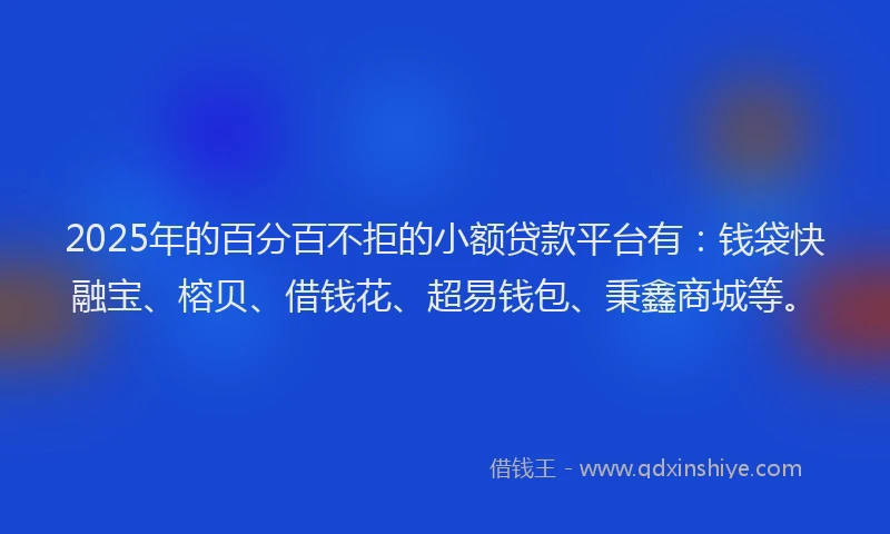 2025年的百分百不拒的小额贷款平台有：钱袋快融宝、榕贝、借钱花、超易钱包、秉鑫商城等。