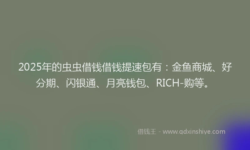 2025年的虫虫借钱借钱提速包有：金鱼商城、好分期、闪银通、月亮钱包、RICH-购等。