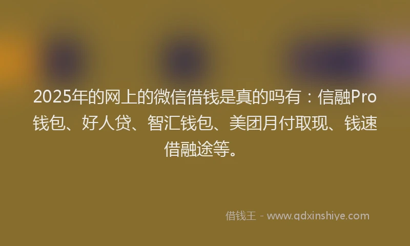 2025年的网上的微信借钱是真的吗有：信融Pro钱包、好人贷、智汇钱包、美团月付取现、钱速借融途等。