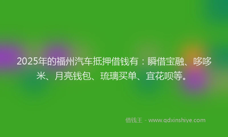 2025年的福州汽车抵押借钱有：瞬借宝融、哆哆米、月亮钱包、琉璃买单、宜花呗等。