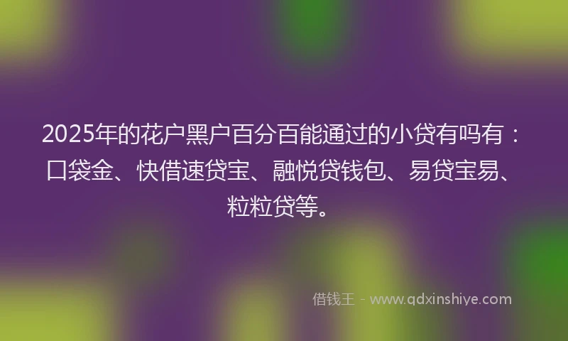 2025年的花户黑户百分百能通过的小贷有吗有：口袋金、快借速贷宝、融悦贷钱包、易贷宝易、粒粒贷等。