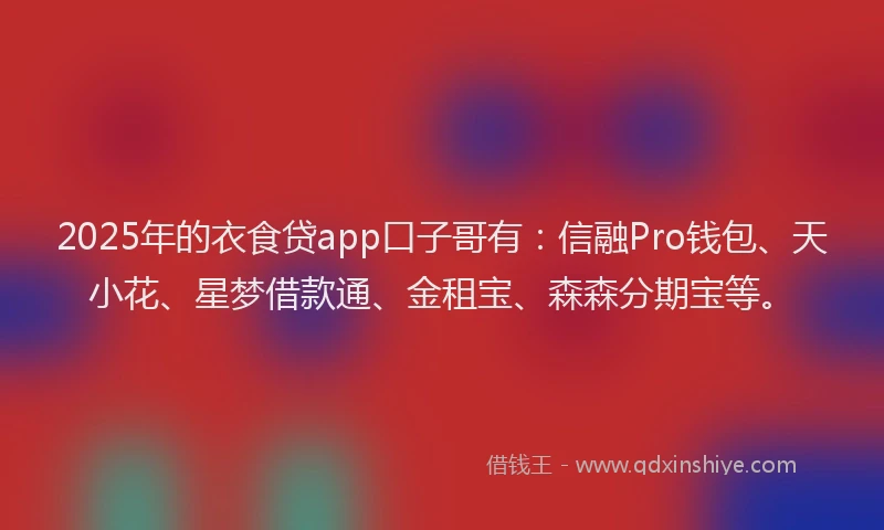 2025年的衣食贷app口子哥有：信融Pro钱包、天小花、星梦借款通、金租宝、森森分期宝等。