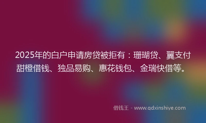 2025年的白户申请房贷被拒有:珊瑚贷、翼支付甜橙借钱、独品易购、惠花钱包、金瑞快借等。