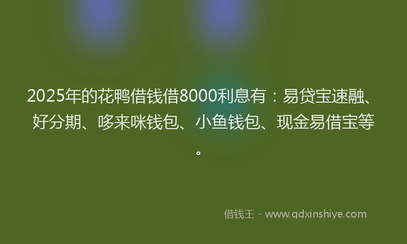2025年的花鸭借钱借8000利息有：易贷宝速融、好分期、哆来咪钱包、小鱼钱包、现金易借宝等。