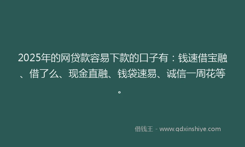 2025年的网贷款容易下款的口子有：钱速借宝融、借了么、现金直融、钱袋速易、诚信一周花等。