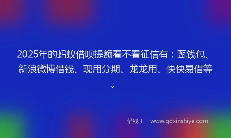 2025年的蚂蚁借呗提额看不看征信有：甄钱包、新浪微博借钱、现用分期、龙龙用、快快易借等。