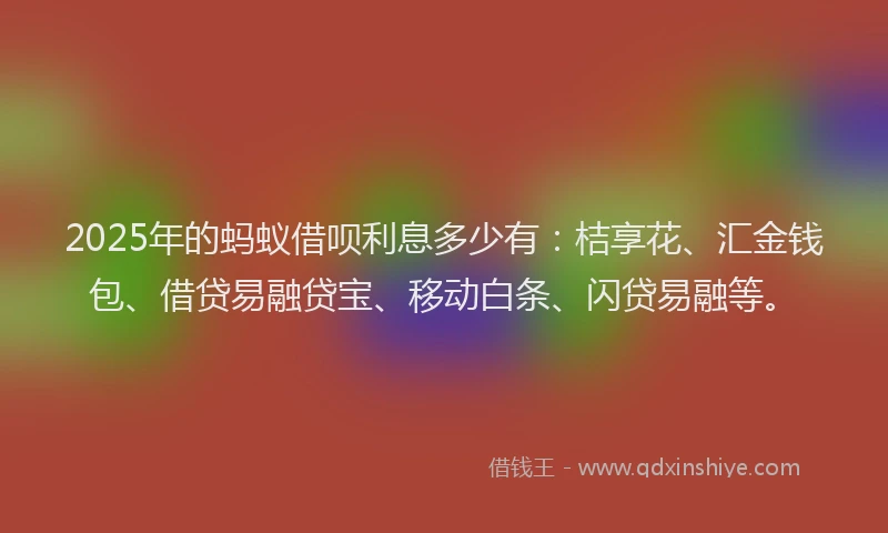 2025年的蚂蚁借呗利息多少有：桔享花、汇金钱包、借贷易融贷宝、移动白条、闪贷易融等。
